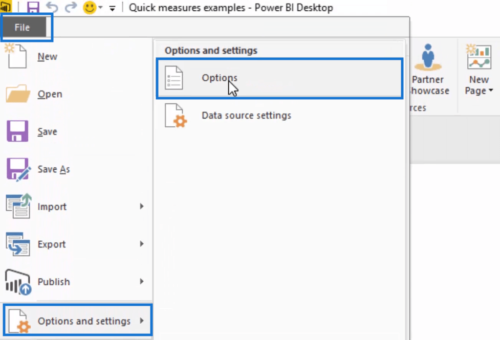 turning on quick measures feature in Power BI-step 1