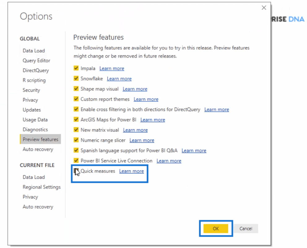turning on quick measures feature in Power BI-step 2