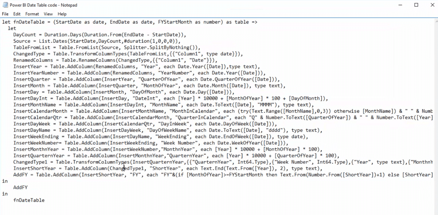 m code for date table in power bi