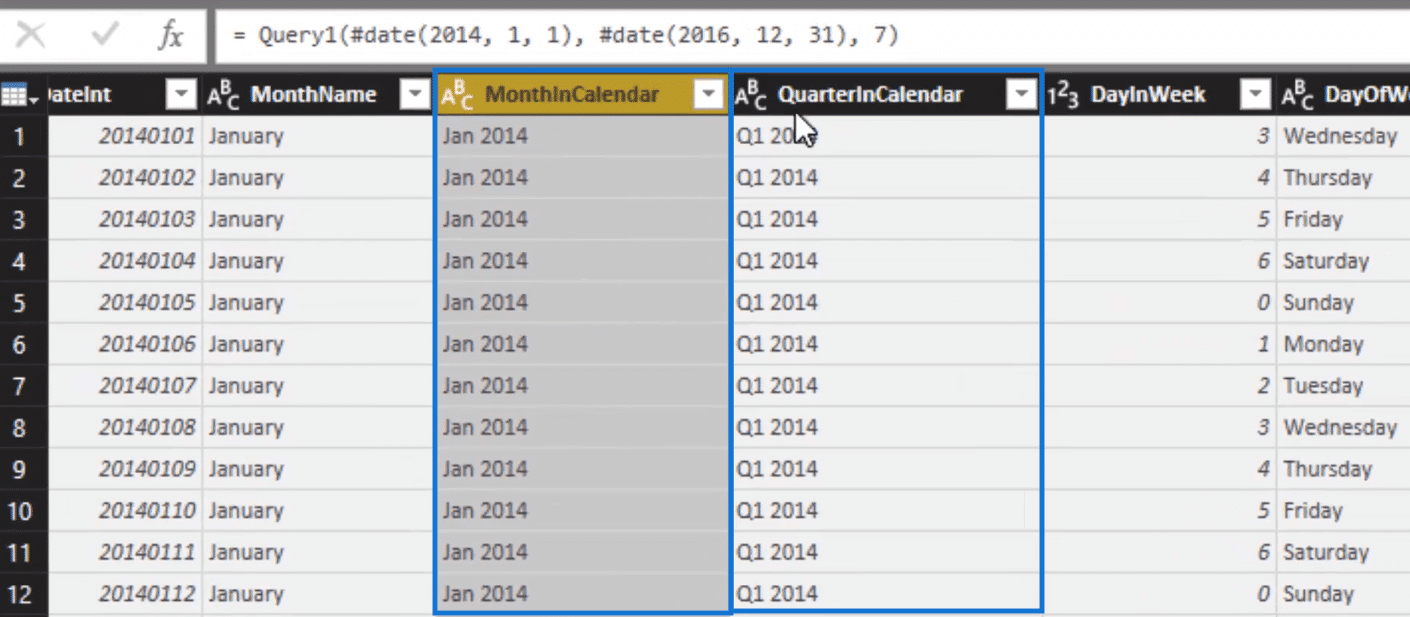 month and year and quarter and year