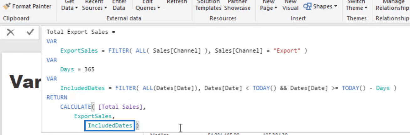 replace filter statement with included dates to utilize variables in power bi