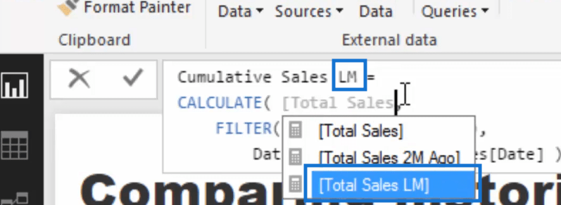 cumulative sales last month measure in power bi