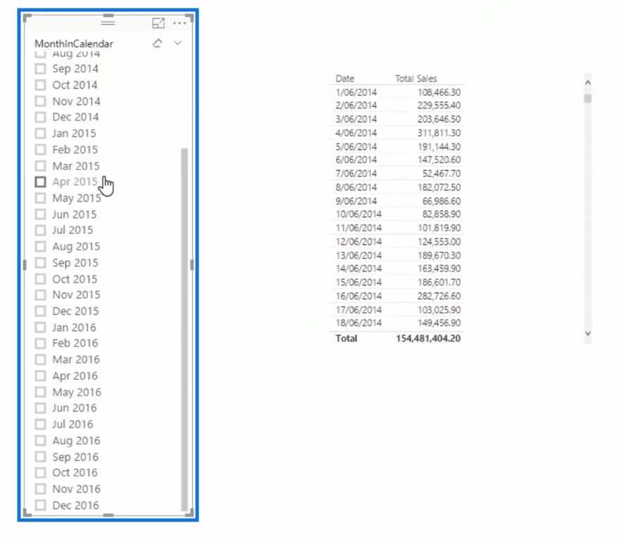 month in calendar slicer