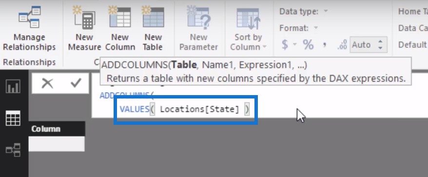 create a table in power bi