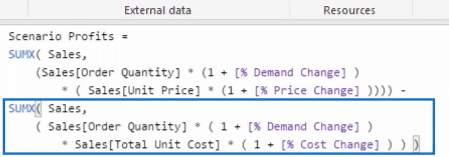 scenario profits formula part 3 for scenario analysis in power bi