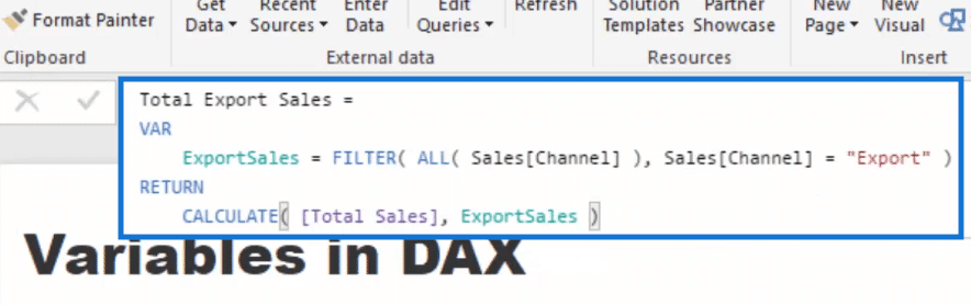 reviewing the total export sales measure using variables in power bi, var in power bi screenshot 1