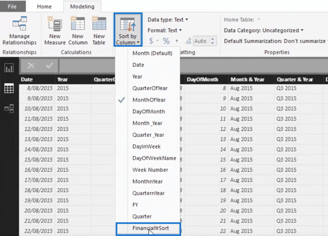 sorting column by financial year in power bi