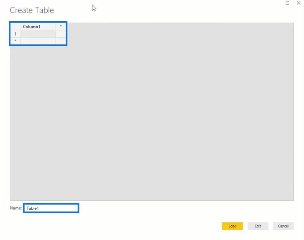 pop up window to create table