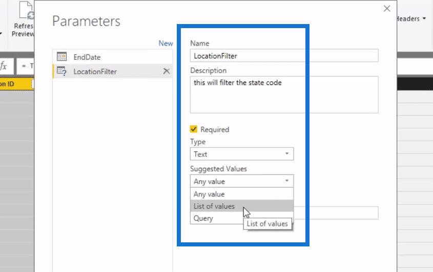 power bi query parameters