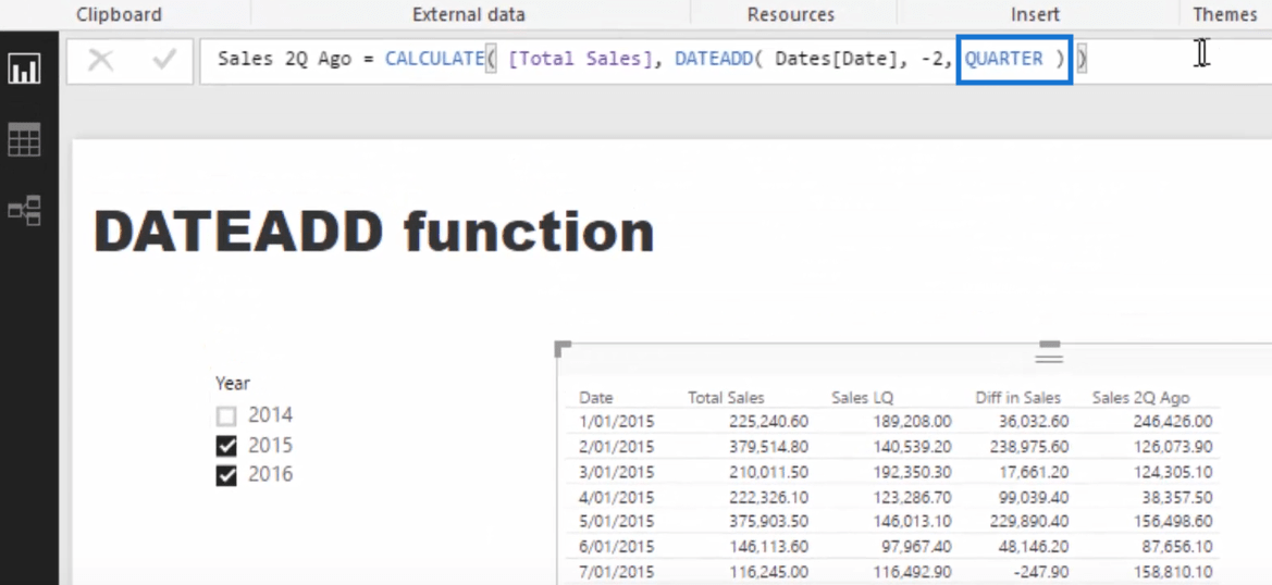 sales two quarters ago formula using dateadd function