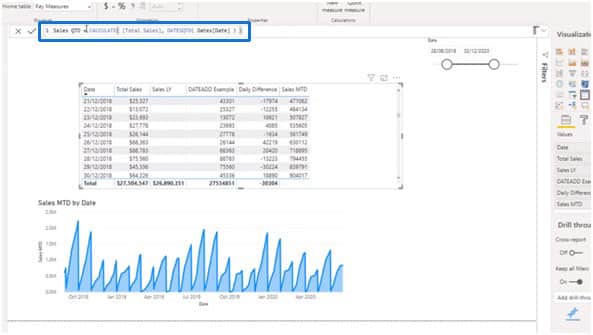 Creating Sales QTD measure with DATESQTD - Power BI Time Functions