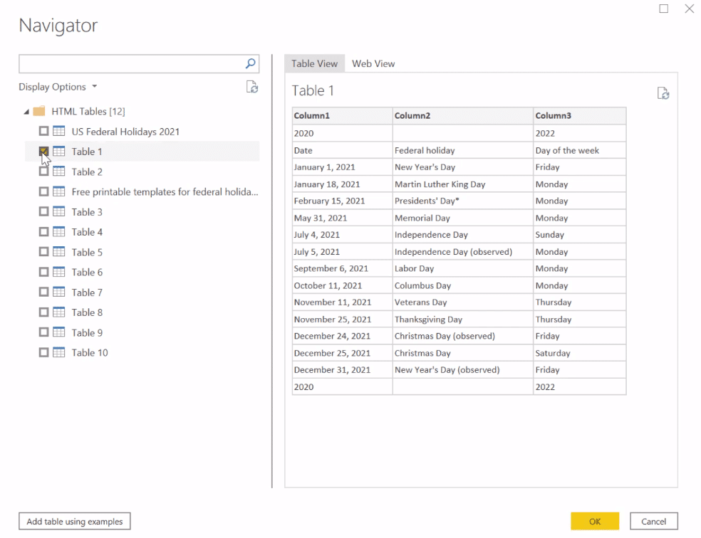 Power BI calendar table