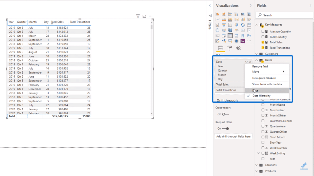 Removing the Date Hierarchy - Power BI Syntax