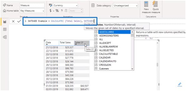 Creating the DATEADD Example measure - Power BI Time Functions