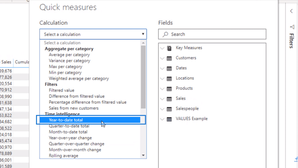 Setting up the Quick Measure for year-to-date total