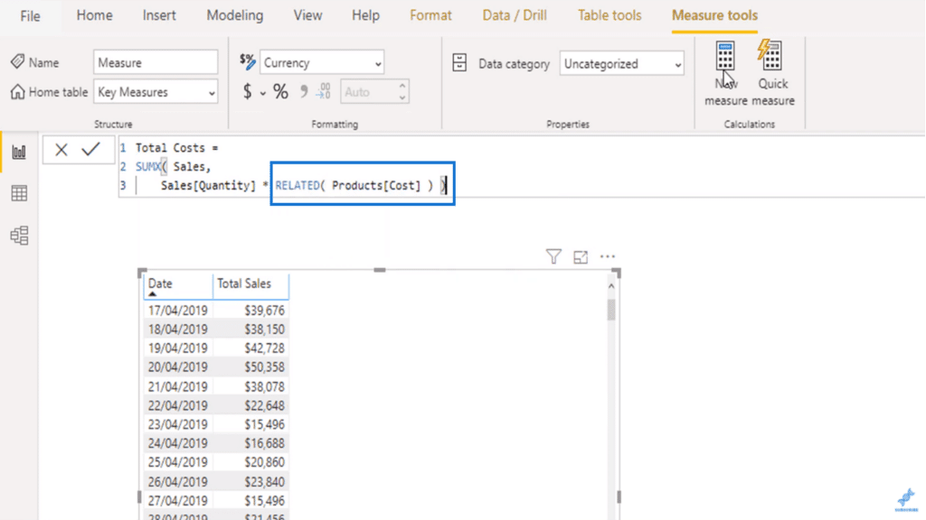 The RELATED function retrieving values from the Cost column