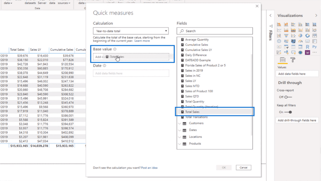 Dragging the total sales measure into the base value field