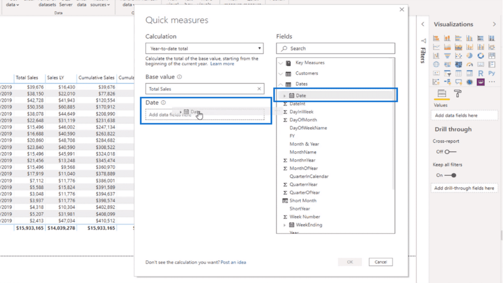 Dragging the date column into the date field