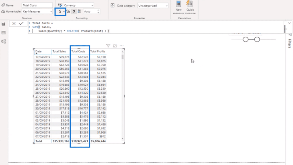 Formatting the columns to make values appear as currency