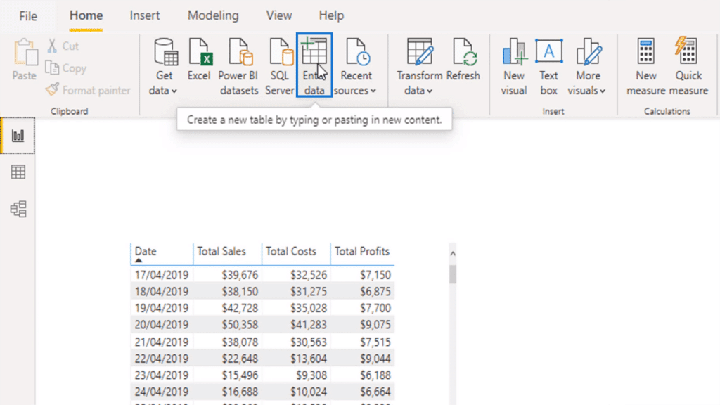 Click enter data to create a supporting table for advanced dax functions