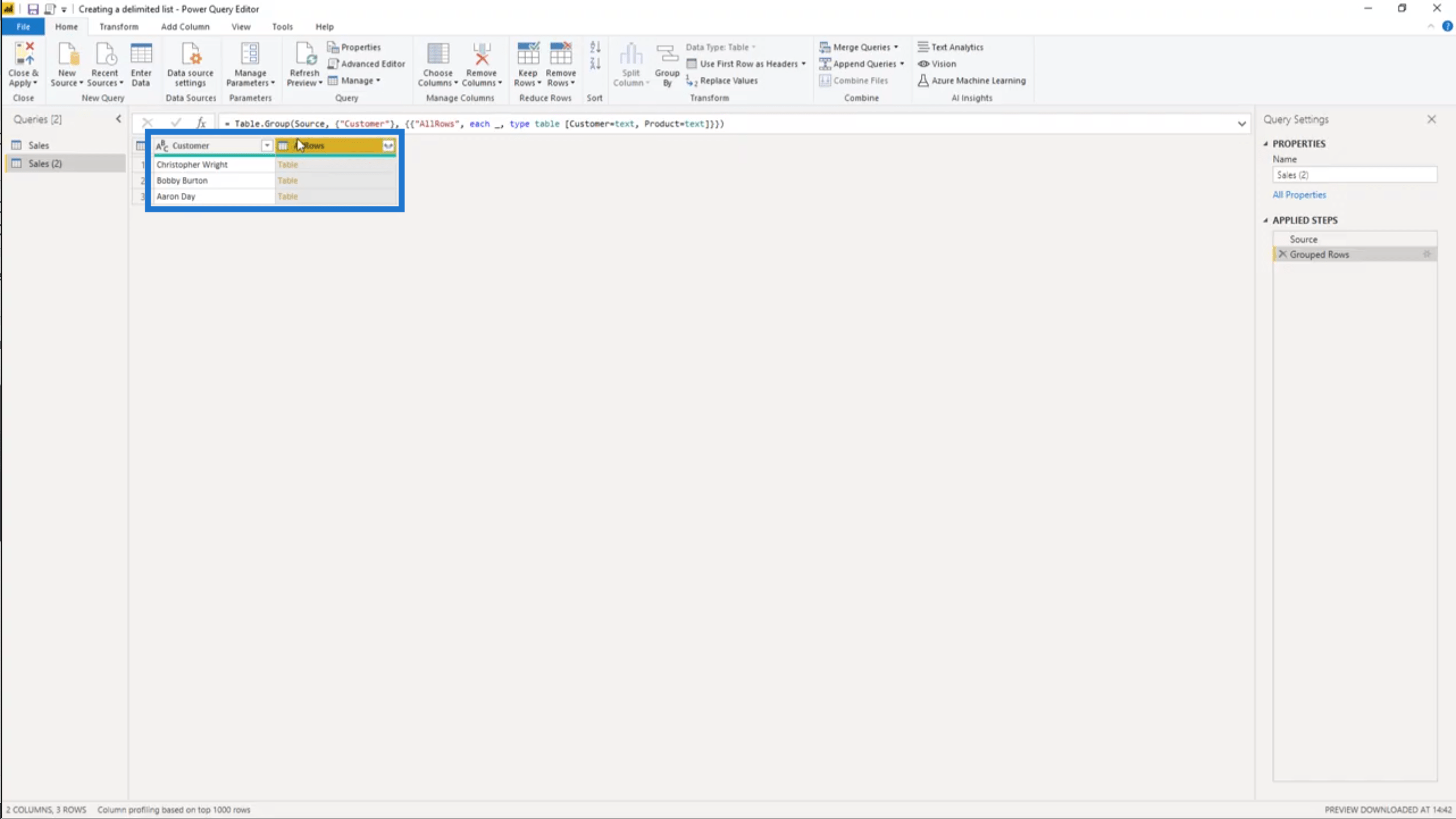 power query convert delimited text to list