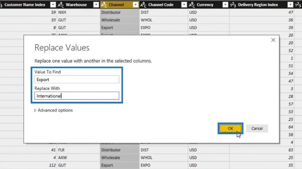Replace Values window for Power BI Query transformation