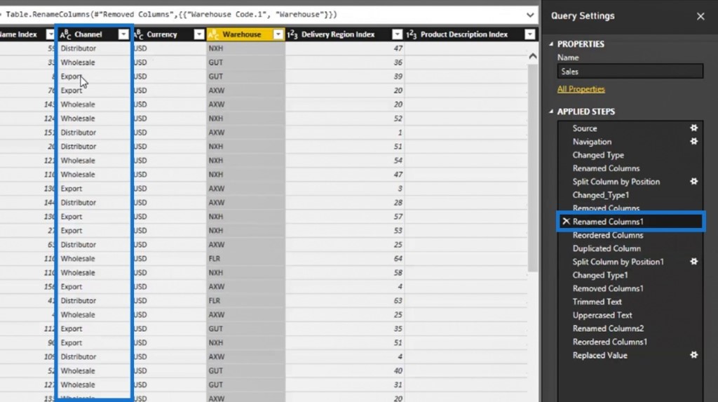going back to the previous steps via sequential Power BI Query transformations within the APPLIED STEPS pane. 