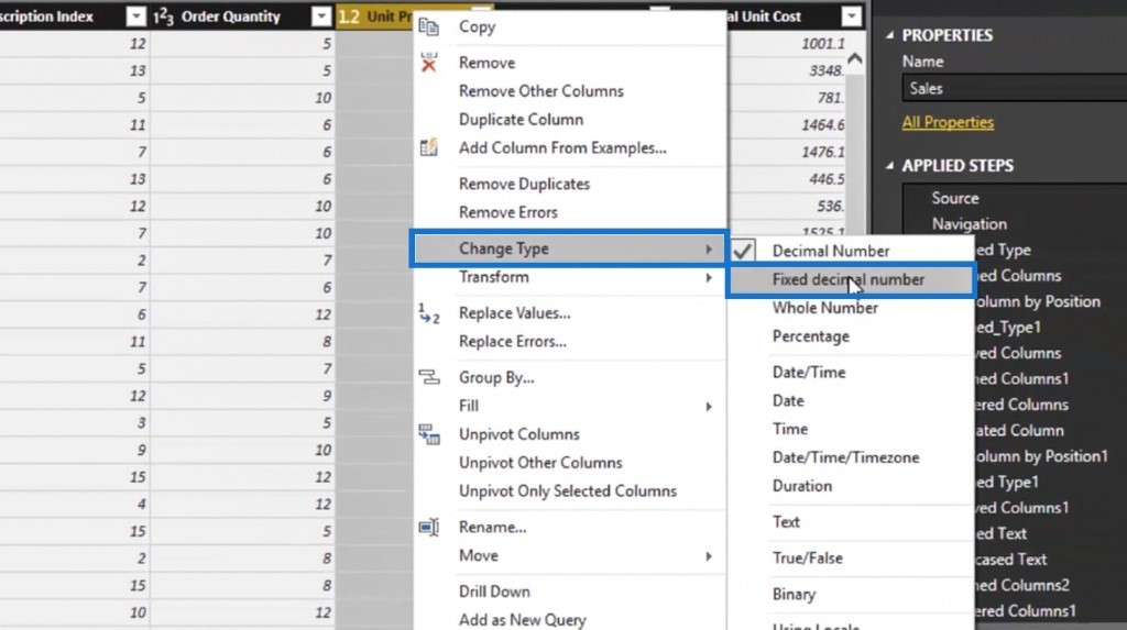 Changing the data type as an example of a Power BI Query transformation