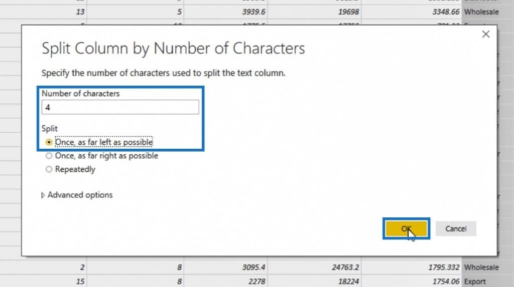 Split Column by Number of Characters window for Power BI Query transformation