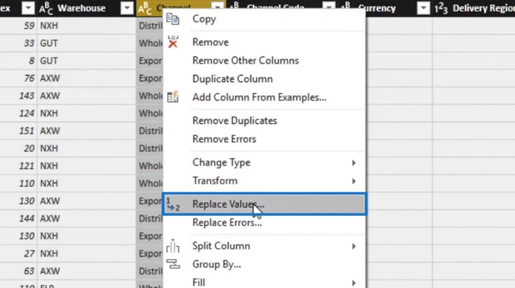 using the Replace Values option for Power BI Query transformation