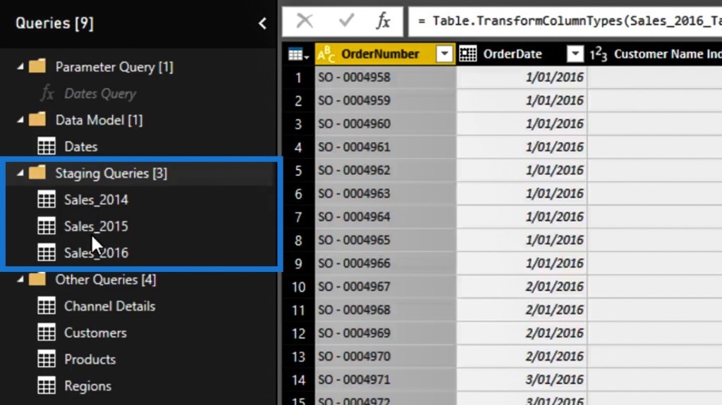 staging queries group via power query editor