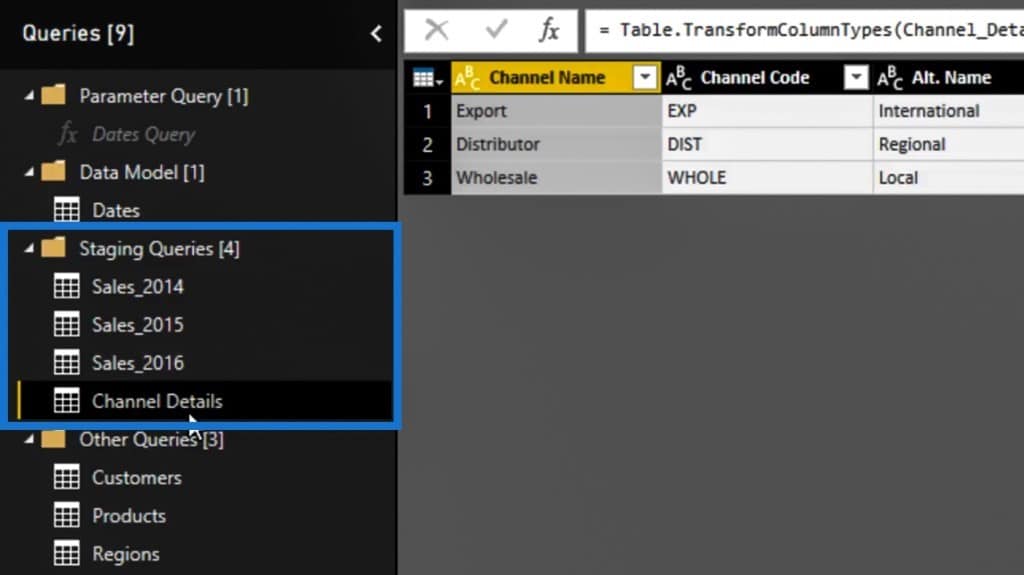 Power Query editor: moving the Channel Details table within the staging queries folder