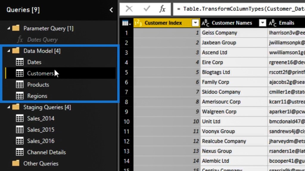 organizing tables within the Power Query editor