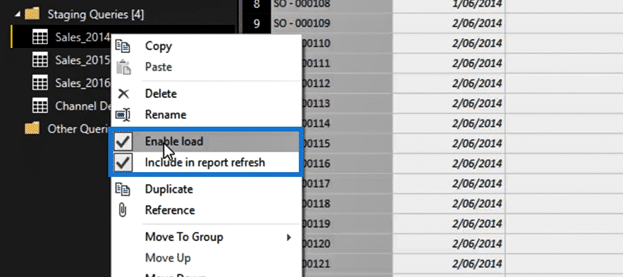 disabling the load within the Power Query editor