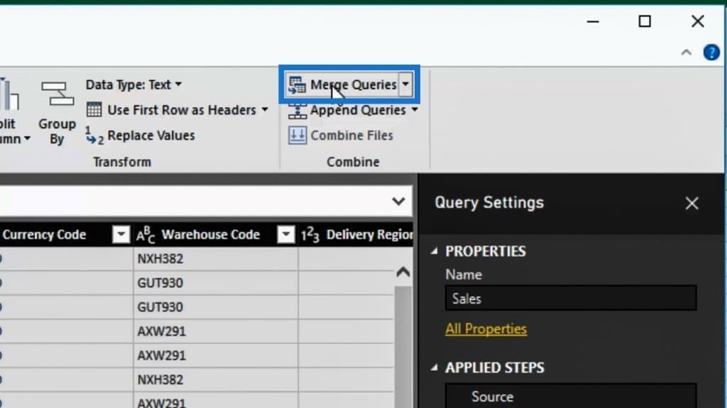 merge queries option in Power BI, merge query power bi screenshot