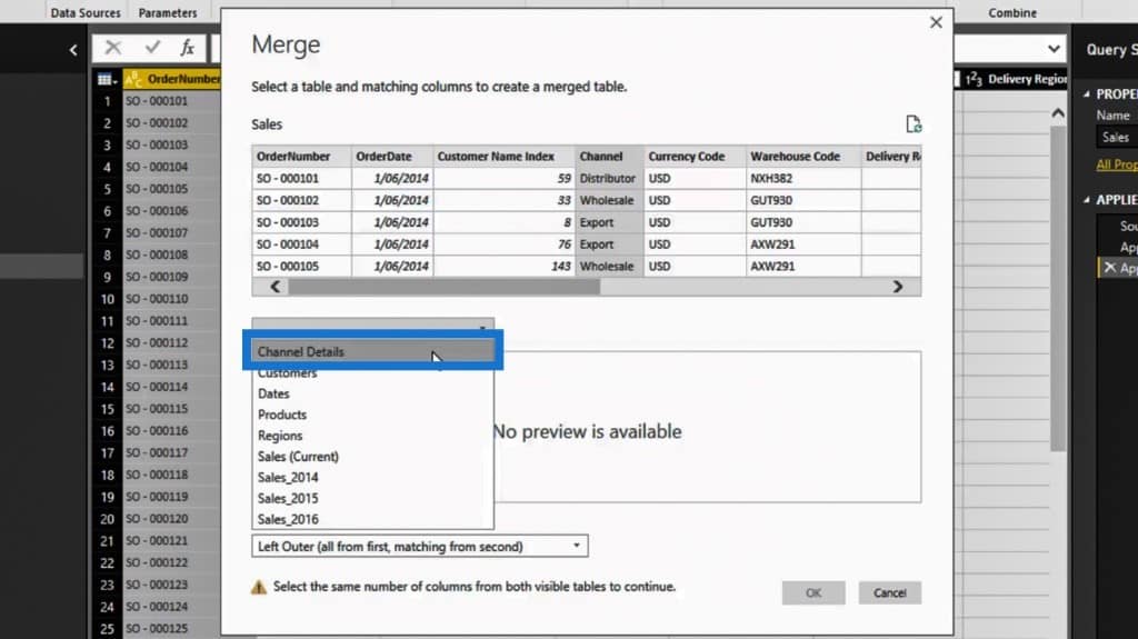 selecting a table to merge queries in Power BI