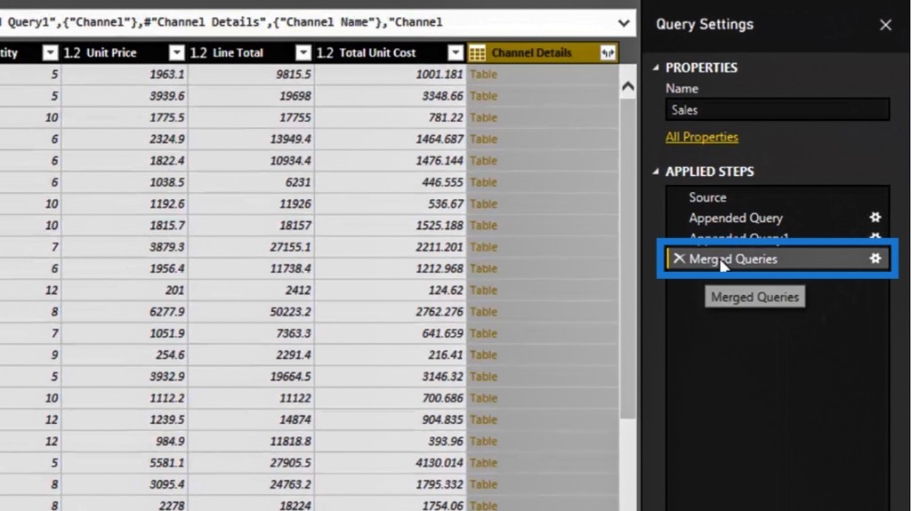 merge queries in APPLIED STEPS pane