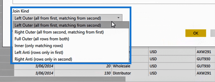 merge queries in power bi via Join Kind Options 