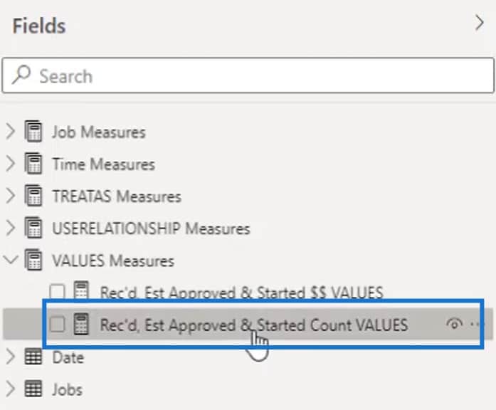 Job Count Measure using VALUES Function (DAX) , power bi values screenshot