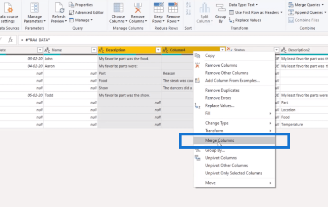 Power Query Table, power bi merge columns screenshot