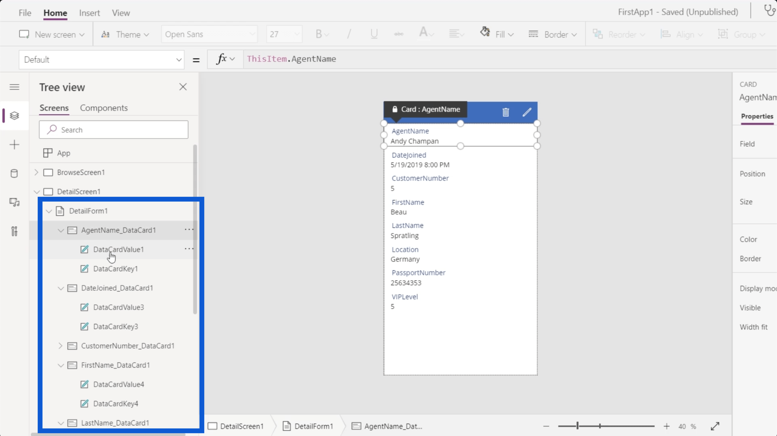 Power Apps Forms and Data Cards in the Detail Screen