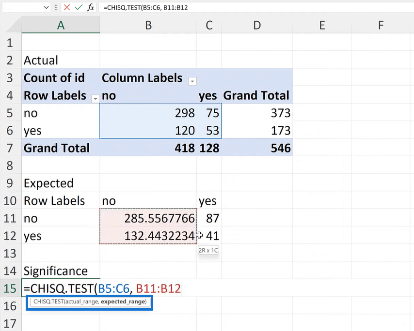 chi-square test in excel
