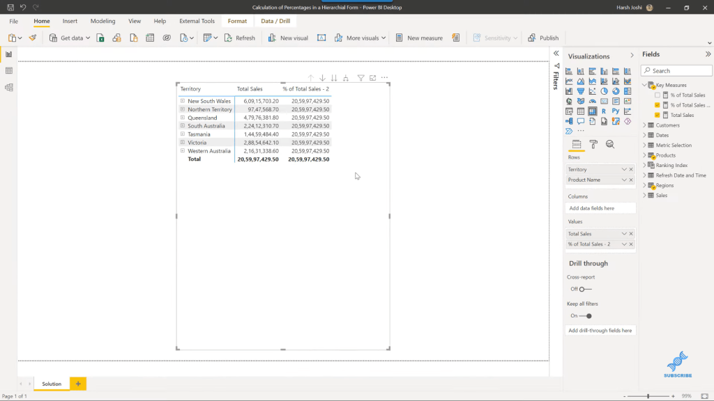 calculate percentage in power bi