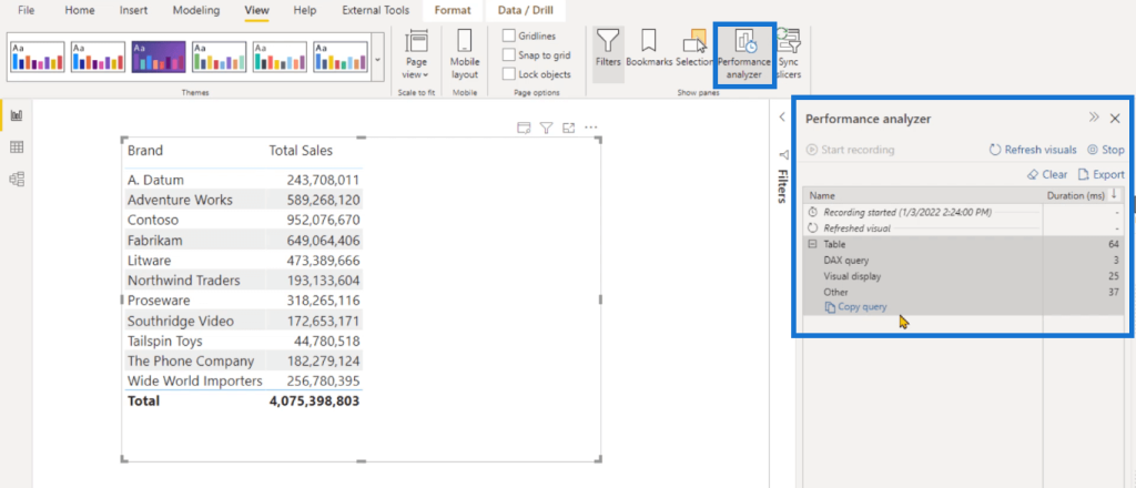 Power BI performance analyzer