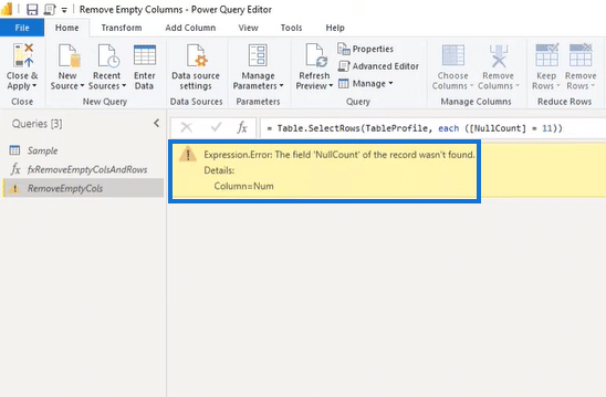 Error when you remove empty columns in Power BI