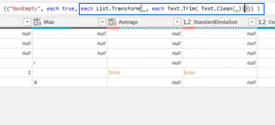 List.Transform function to remove empty columns in Power BI