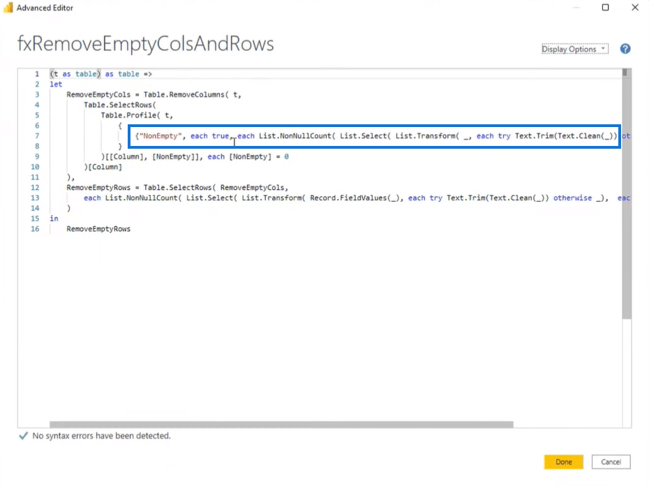 Custom function to remove empty columns in Power BI