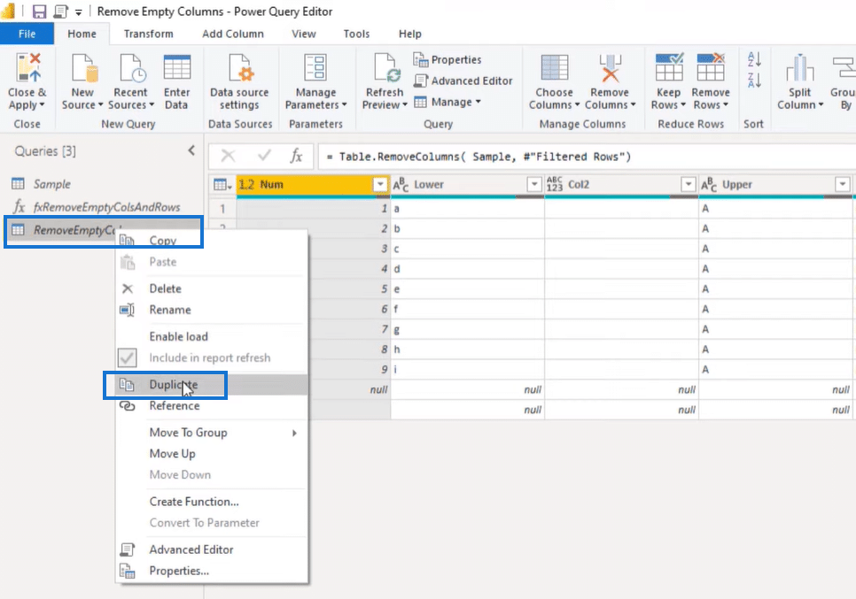 Duplicate function to remove empty columns in Power BI
