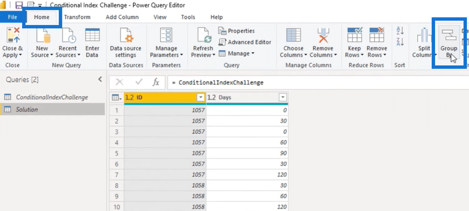 Index Column in Power BI: Group By in Home Tab