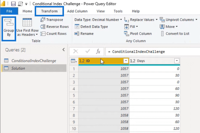 Index Column in Power BI: Group By in Transform Tab